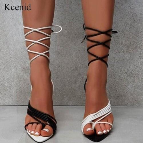Kcenid Summer women sandals ladies white black strappy high heel gladiator sandals pointed toe lace-up sexy female party shoes
