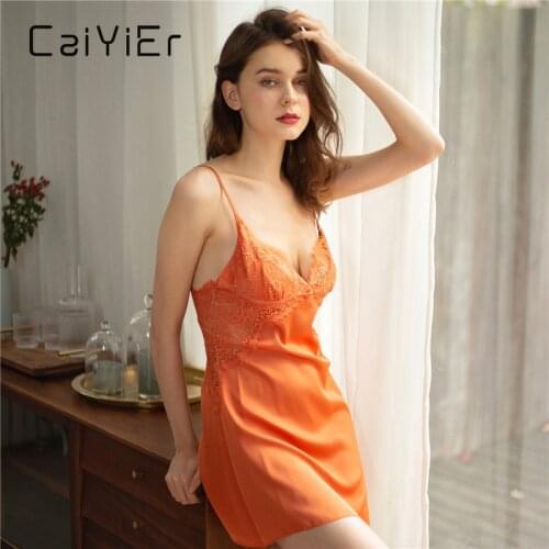 CAIYIER Silk Night Dress Sxey V-Neck Lace Embroidery Nightgowns Female Fashion Mini Dress Lingerie For Women Summer Nightdress