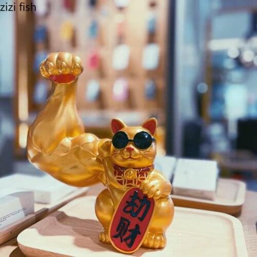 Modern Resin Golden Giant Arm Muscle Cat Office Desktop Decoration Abstract Cartoon Animal Vigorously Lucky Cat Home Decoration