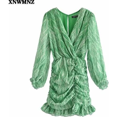 XNWMNZ 2021 Women Fashion Animal Print Asymmetric Draped Mini Dress Vintage Long Sleeve Ruffled Female Dresses Vestidos Mujer