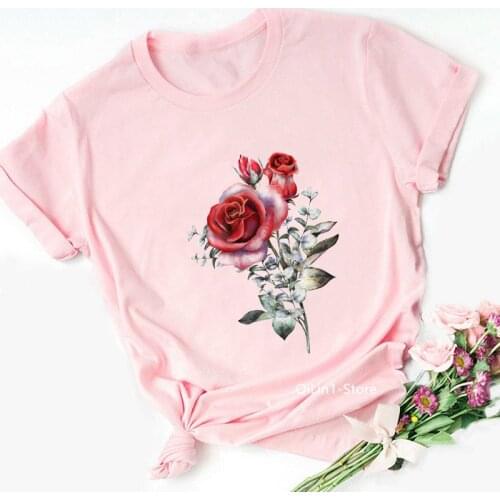 Vintage Rose Flower Print T Shirt Women Lovely Pink T-Shirt Top Summer Top Female T-Shirt Aesthetic Clothes 90s Tumblr Clothes