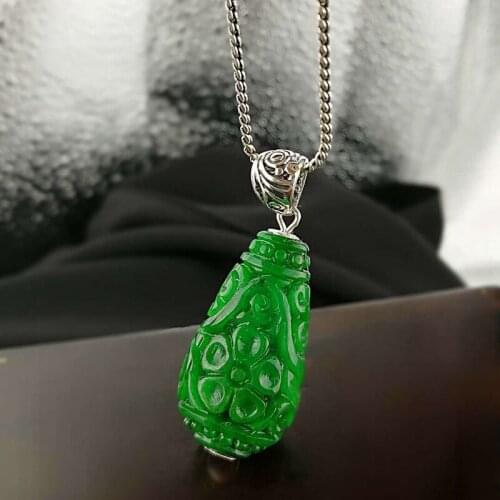 Genuine Sterling Silver 925 Green Jade Pendant For Women Natural Gemstone Flower Carving Personalized Pendant Bisuteria