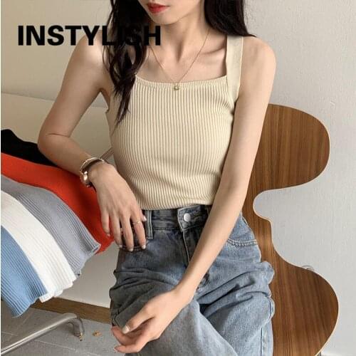Korean Harajuku Slim Cropped Top Elegant Knitted Tank Top Casual Square Neck Sleeveless Vest Sexy Women Corset Solid T Shirt