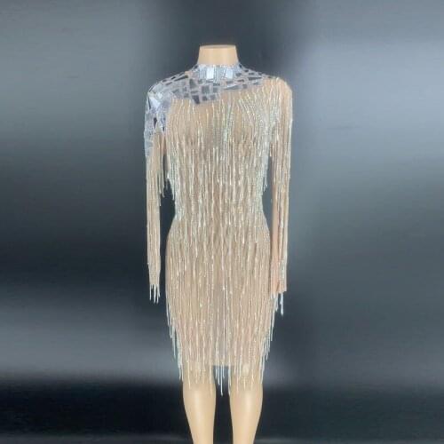 2020 Silver Rhinestones Fringe Transparent Mirror Dress Long Sleeves Women Dancer Dress Birthday Outfit Dress High Quality