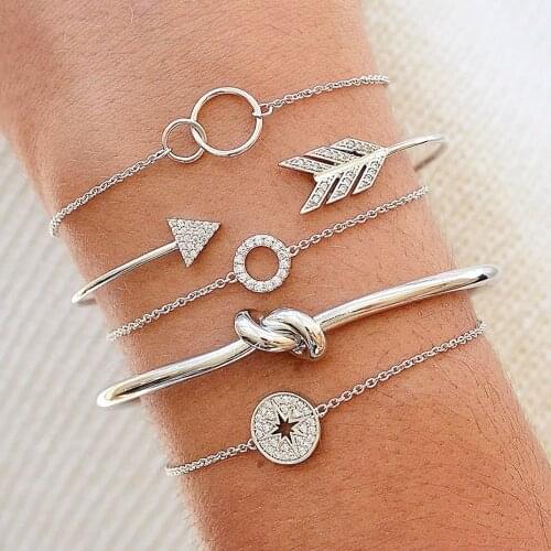 5 Pcs/Set Bohemian Arrow Crystal Compass Round Knotted Geometric Chain Adjustable Multilayer Bracelets Set Female Charm Jewelry