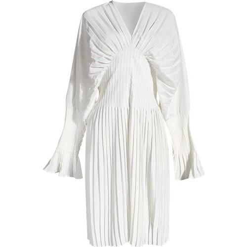 White/purple Shirt Dress Women 2021 Spring Summer Elegant Draped V-neck Long Sleeve Loose Casual Woman Dress