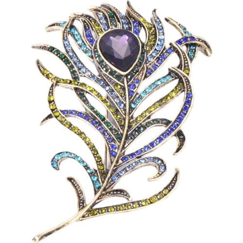 New Retro Feather Shape Brooch Large Crystal Peacock Chest Suit Jacket Dress Pin womens Pin Crystal Shirt Collar Brooch Gift