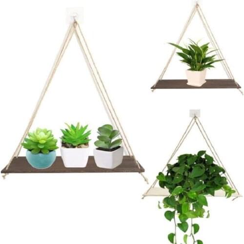 Wooden Rope Swing Hanging Wall Mounted Floating Shelves Hanging Plant Flower Pot Tray Home Deoration Mordern Simple Design