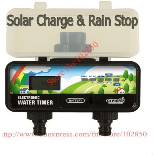 Easy 2-Zone Electronic Water Timer (Solar Charge & RainStop),easy operation with LCD display,Run once function