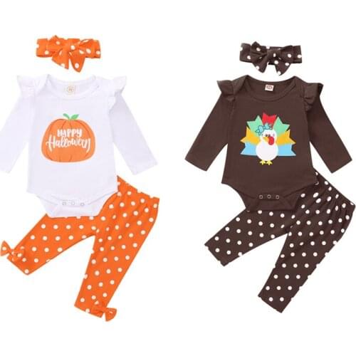 FOCUSNORM Halloween/Thanksgiving Day Baby Girls Boys Clothes Sets 3pcs Cartoon Print Long Sleeve Romper Pants Headband