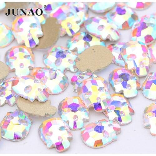 JUNAO 50pcs 6x8mm Flat Back Skull Nail Rhinestones Crystal AB Glass Stones Glitter Halloween 3D Nail Art Decorations