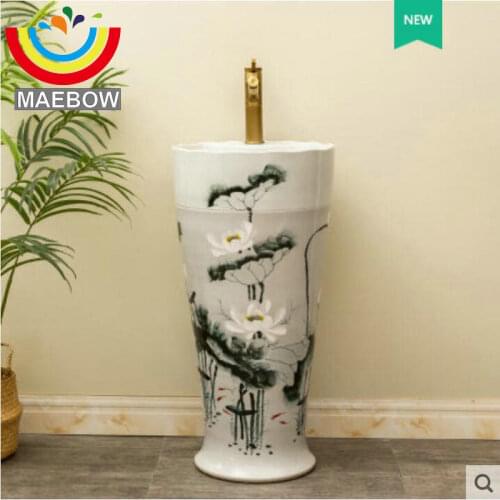 In 2 Colors Handpainted Lotus Pool Ceramic Bathroom Pedestal Sink With Stand Integrated Pedestal Sink