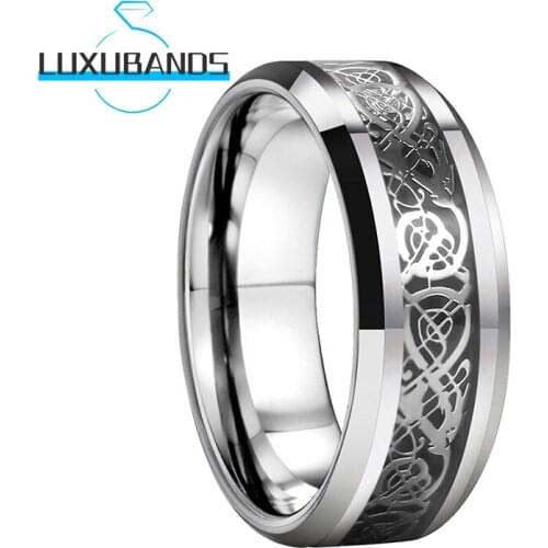 8MM Tungsten Carbide Rings For Men Women Beveled Edges Dragon Black Carbon-Fiber Inlay Polished Finish Comfort Fit