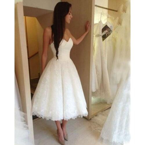 Short Lace Wedding Dresses 2020 A-Line Tea-Length Sweetheart Button Back Bridal Gowns Plus Size Bride Dresses Vestido De Noiva