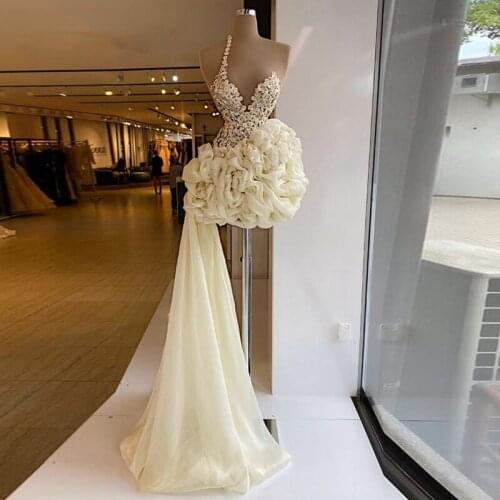 3D Flora Appliques Short Prom Dresses Beige Ruched High Low Sweep Train Evening Gowns Zipper Back Cocktail Party Dress Customize