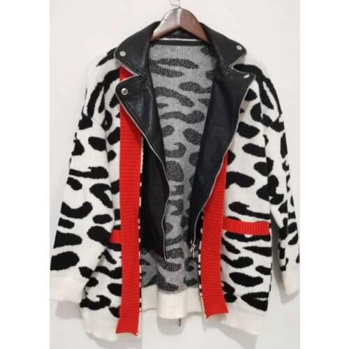 White Leopard Coat Oversize Ladies Zipper Overcoat 2021 Autumn Winter New Korea Large Size Knit Leather Jacket New Trend