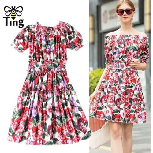 Tingfly Summer Fashion Streetwear Flower Print Slash Collar Elastic Waist Casual Short Dress Vestidos Robes Chic Clothes Robes