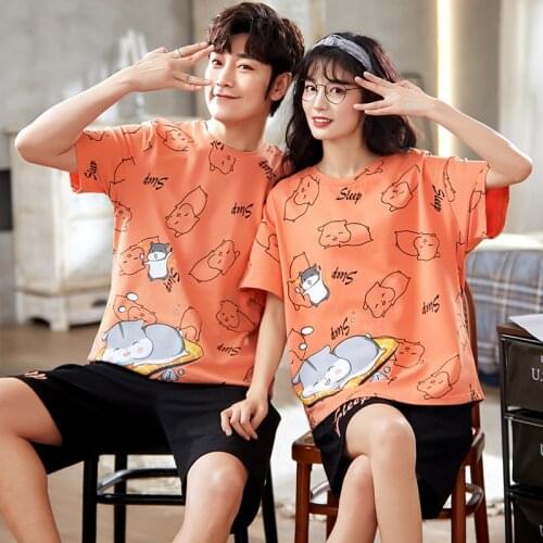 Summer Fashion Orange Short Sleeve Couple Pajamas Sets Cotton Men Homewear Kawaii Sleep Little Hamster Cartoon Women Sleepwear