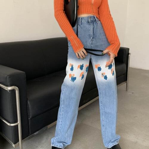 Korean Fashion Graffiti Baggy Jeans Women 2021 y2k Loose Wide Leg Pants High Waist Autumn Denim Trousers Streetwear P198