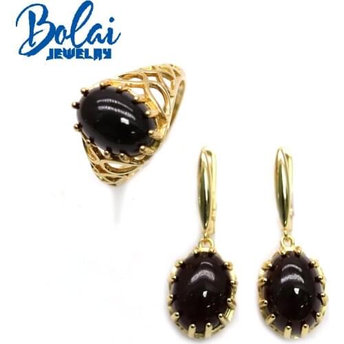2021 New Natural black garnet oval 10*14mm ring earrings jewelry set simple fashion 925 sterling silver womens Fine jewelry