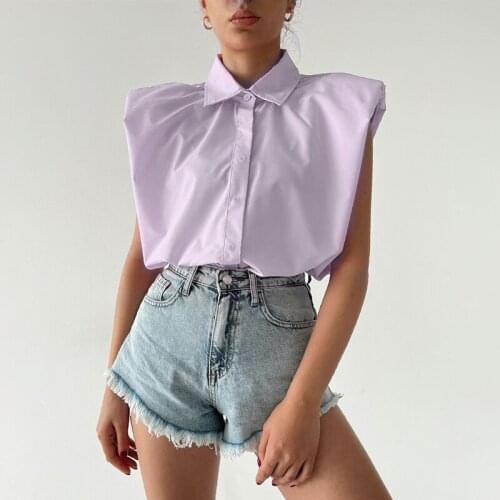 Solid Color Straight Sleeveless Shirts Tops Lapel Buttons Down Chic Trendy Shoulder Pad Wild Casual Party Shirts Female