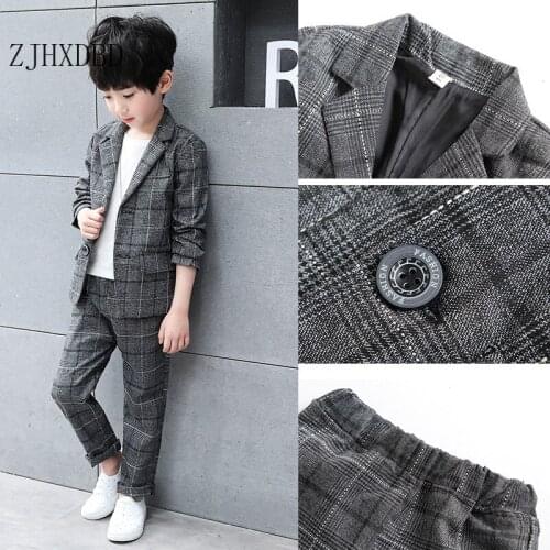 2Pcs Autumn Kids Blazers Baby Boy Suit Plaid School Suits Toddler Boys Formal Wedding Wear Cotton Children Clothing Sets 4-16Y