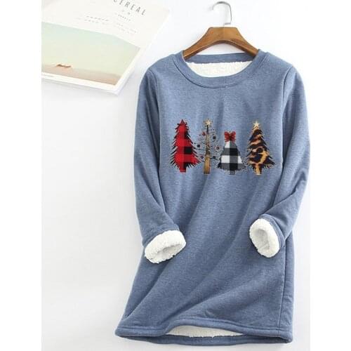 Oversized Casual Pullover Womens Round Neck Top Christmas Tree Sequins Printed Warm Clothing Loose Full Sleeve Fleece Pullovers