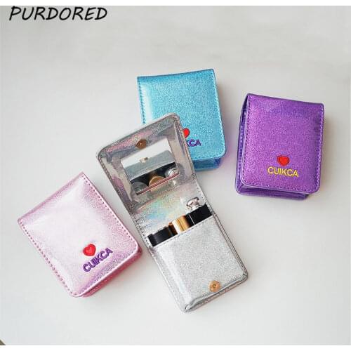PURDORED 1 Pc Women Laser Lipstick Bag Shining Bling Mini Cosmetic Bag for Lipstick with Mirror Female Makeup Beauty Case