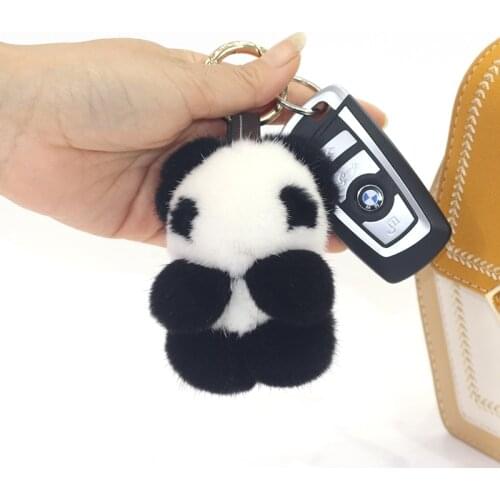 Fluffy Keychains Keyrings Purse Pendant Real Mink Fur Decor-Accessories Womens Cute Toy panda Pendant