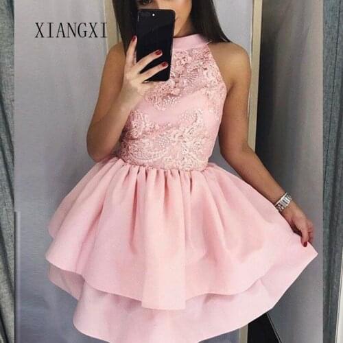 Pink Homecoming Dress 2020 Satin Short Party Gowns Jewel Neck Graduation Dresses Lace Homecoming Dresses Vestidos