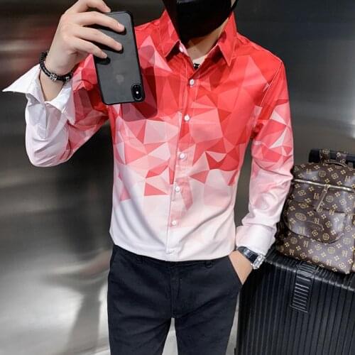4Colors New Long Sleeve Stylish Print Shirt Men Clothing 2021 Simple All Match Slim Fit Casual Tuxedo Chemise Homme Streetwear