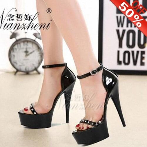 Sexy Punk Rivet Patent leather Buckle strap Thick platform Big Size Womens Sandals 6 inches High heeled shoes 15cm Pole dancing