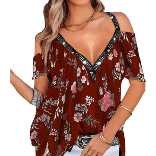 Sexy Women T-Shirt Plus Size V-neck Off-shoulder Short Sleeve Floral Print Female T-shirts Top Tee Streetwear Office Lady Tshirt