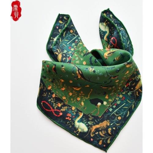 Army green luxury natural silk scarf women spring printed bird 100% real silk twill scarves wrap shawl square 50cm bandana lady
