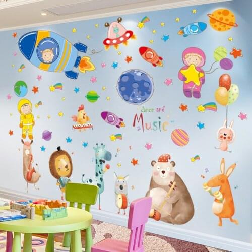 [SHIJUEHEZI] Cartoon Animals Wall Stickers DIY Outer Space Astronaut Rockets Mural Decals for Kids Room Baby Bedroom Decoration