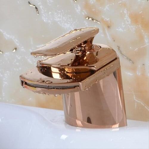 Rose Gold Waterfall Tap For Bathroom Basin White Gold Handle Solid Brass Hot And Cold Mixer Taps Deck Mounted Faucet