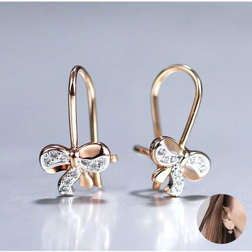 Drop Dangle Earrings For Girls Dainty 585 Rose Gold Cute Butterfly Bow Tie Rhinestone CZ Paved Earrings Women Jewelry LGE347
