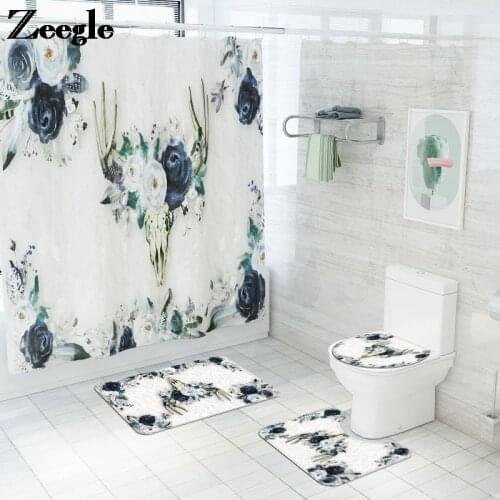 Waterproof Shower Curtain and Bath Rug Set Bathroom Carpet Rug Non-Slip Foot Mat for Toilet Memory Foam U-Shaped Toilet Rug Set