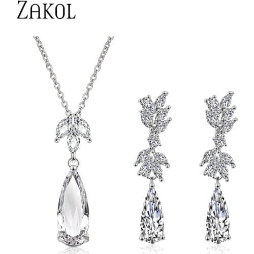 ZAKOL Gorgeous Teardrop Cubic Zirconia CZ Dangle Earrings Necklace Jewelry Sets for Women Bride or Bridesmaid Party Dress SP3300