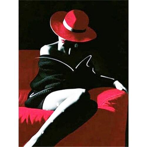 Woman Red And Black Printed Fabric 11CT Cross-Stitch Full Kit Embroidery DMC Threads Sewing Craft Handicraft Painting Sales