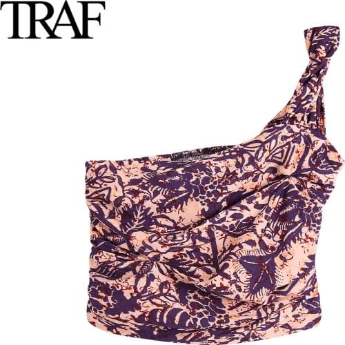 Traf Za Women Clothing 2021 Summer Asymmetrical Printed Pleated Tops Tank Sexy Streetwear Corset Haut Femme Boho Crop Blouses