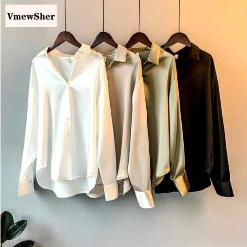 VmewSher 3XL Spring Solid Rayon Blouse Women Single Breasted Long Sleeve Plus Size Blouse Vintage Elegant Imitation Silk Tops