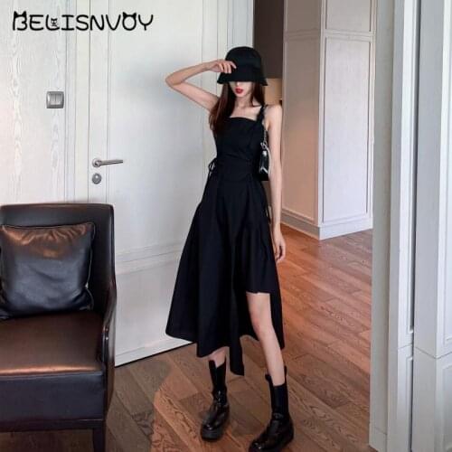 2021 Japanese Harajuku Women Streetwear Irregular Sundress Suspenders Gothic Punk Style Y2K Bandage Dress Sleeveless Slim Dress