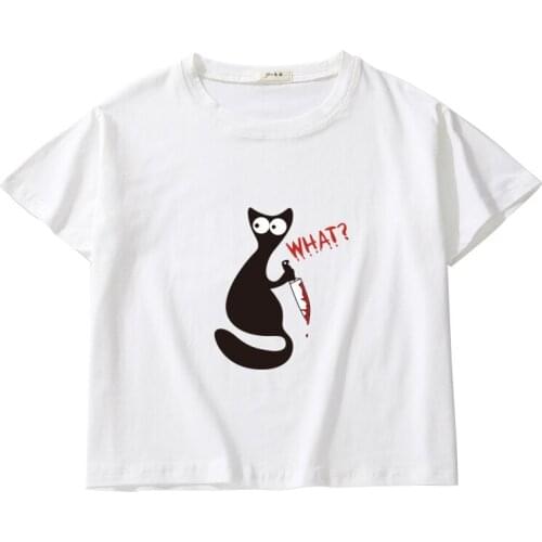 Cute Cat Printing Women Summer Crop Tees Breathable Cotton Top Kids Short Sleeve Casual Short Tops Girl O-Neck T-Shirt