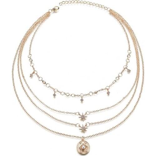 Crystal Star Jewelry Women Choker Multilayer Fashion Chain Gold Color Necklace Pendant
