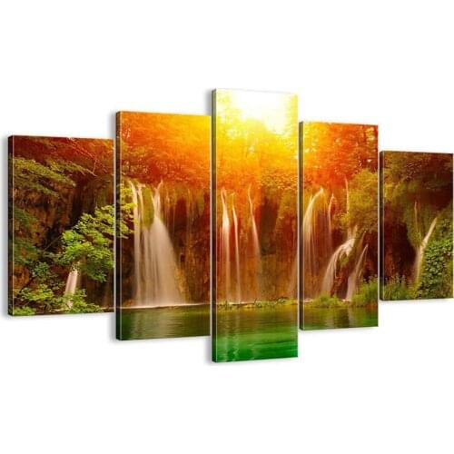 5 Panel Green Forest Waterfall Canvas Wall Art Print Painting Nature Landscape Poster Wallpaper Picture for Living Room Decor
