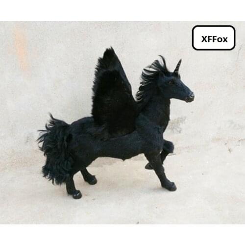 Big real life wings horse model plastic&furs simulation black unicorn doll gift about 32x34x26cm xf1891
