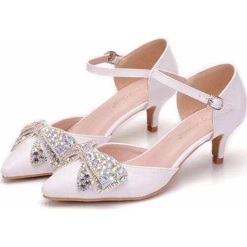 Crystal Queen Spring Autumn Women Sandals Sexy White 5CM High Heels Shoes Bow Luxury Rhinestone Wedding Party Mary Jane Shoes