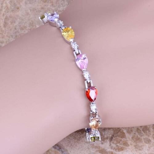 Distinctive Multicolor Cubic Zirconia Silver Plated Link Chain Bracelet 6.5 - 7.5 inch S0589