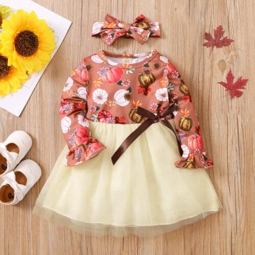 Toddler Girl Halloween Dresses Outfits Kids Infants Baby Girls Cute Pumpkin Floral Print Long Sleeve Tulle Dress+Headband Set